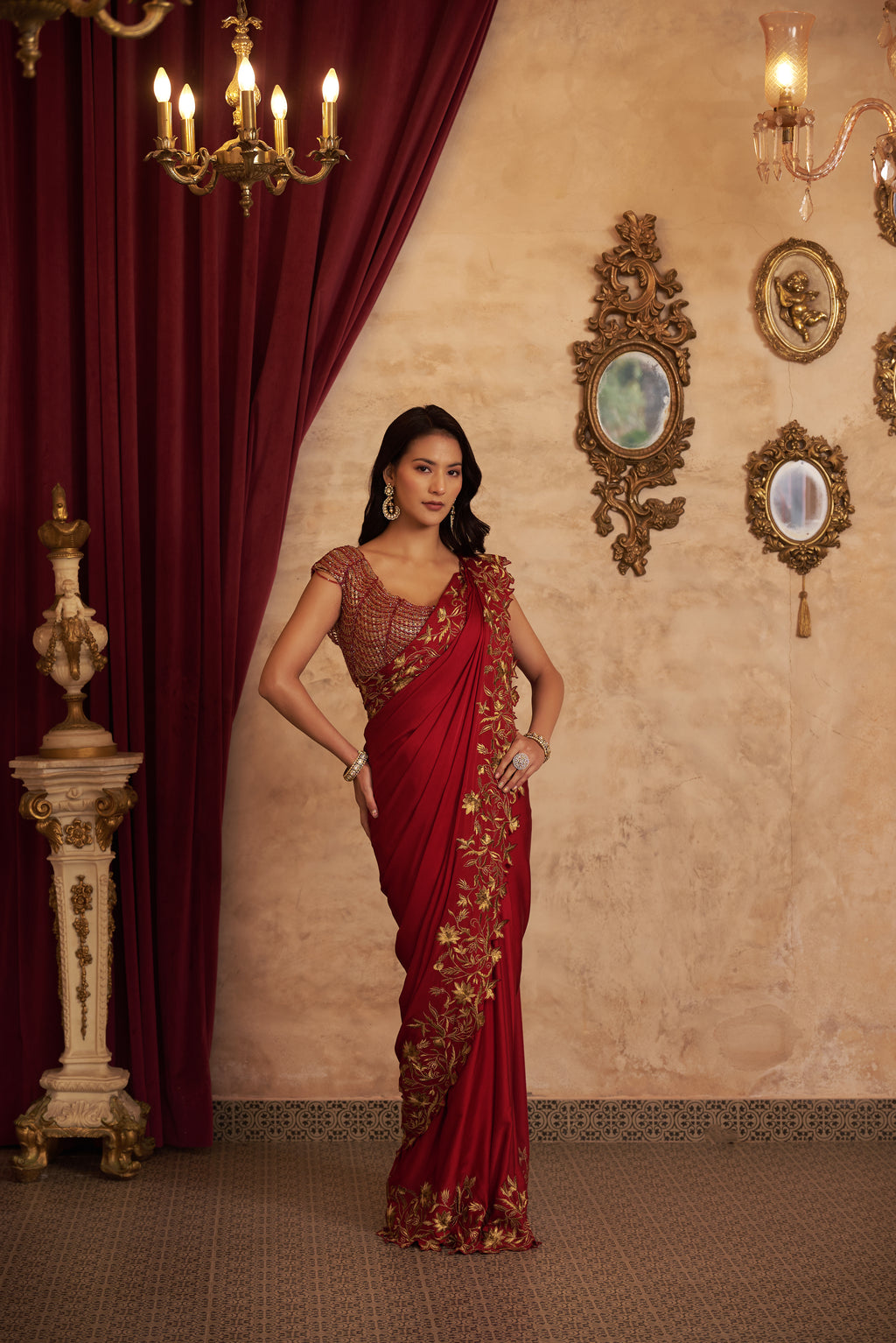 Scarlet Red Crystal Handwork Saree