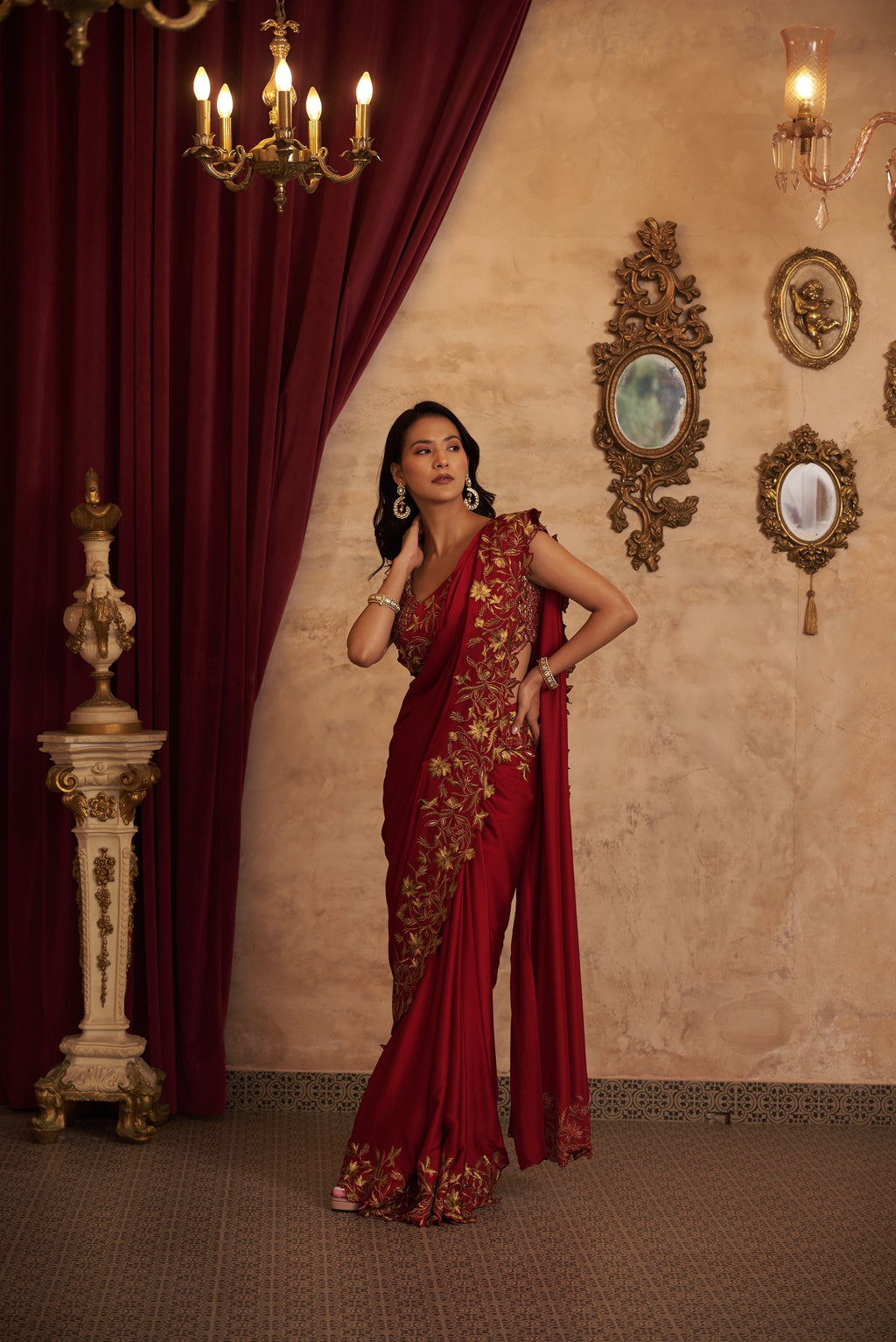 Scarlet Red Crystal Handwork Saree