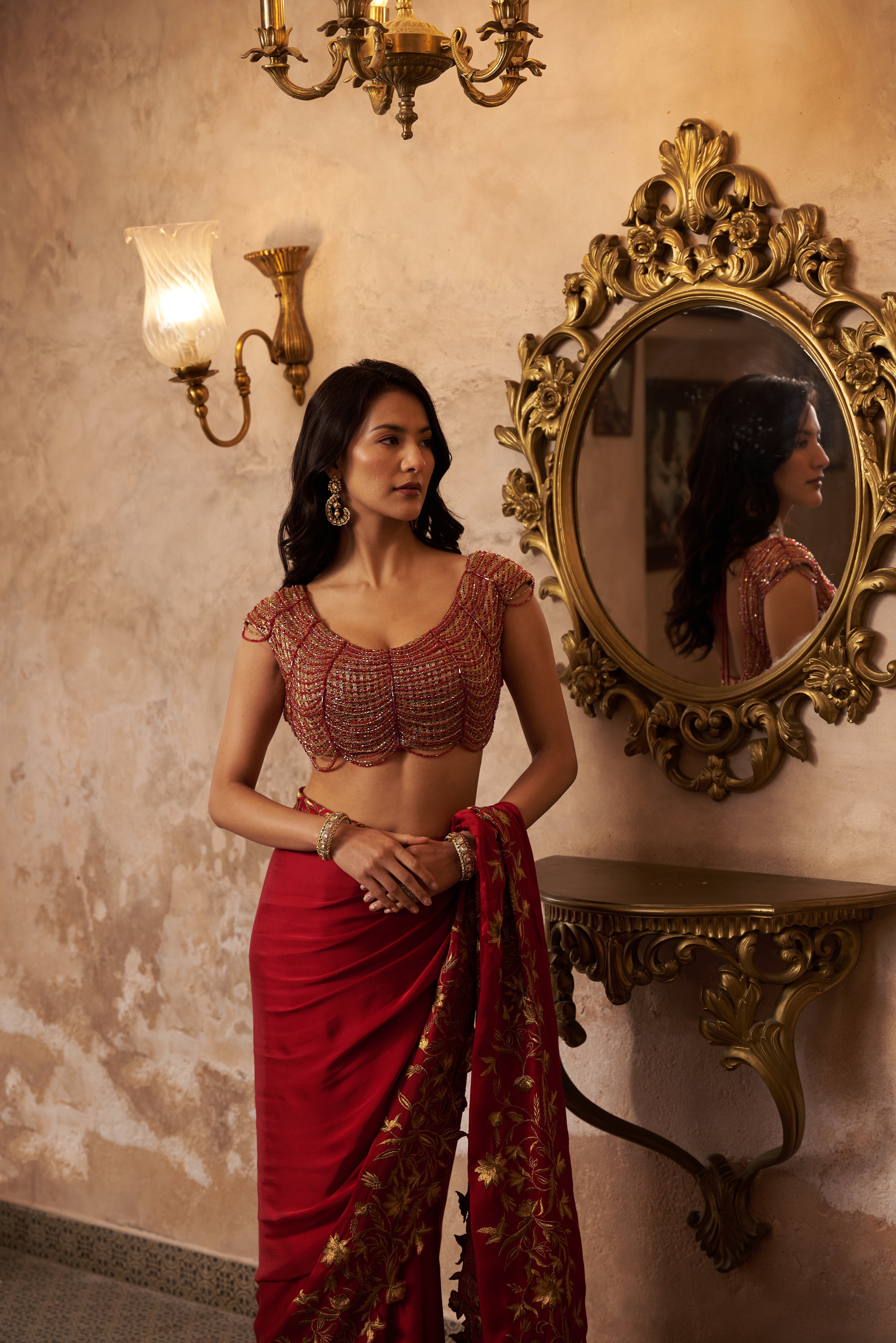 Scarlet Red Crystal Handwork Saree
