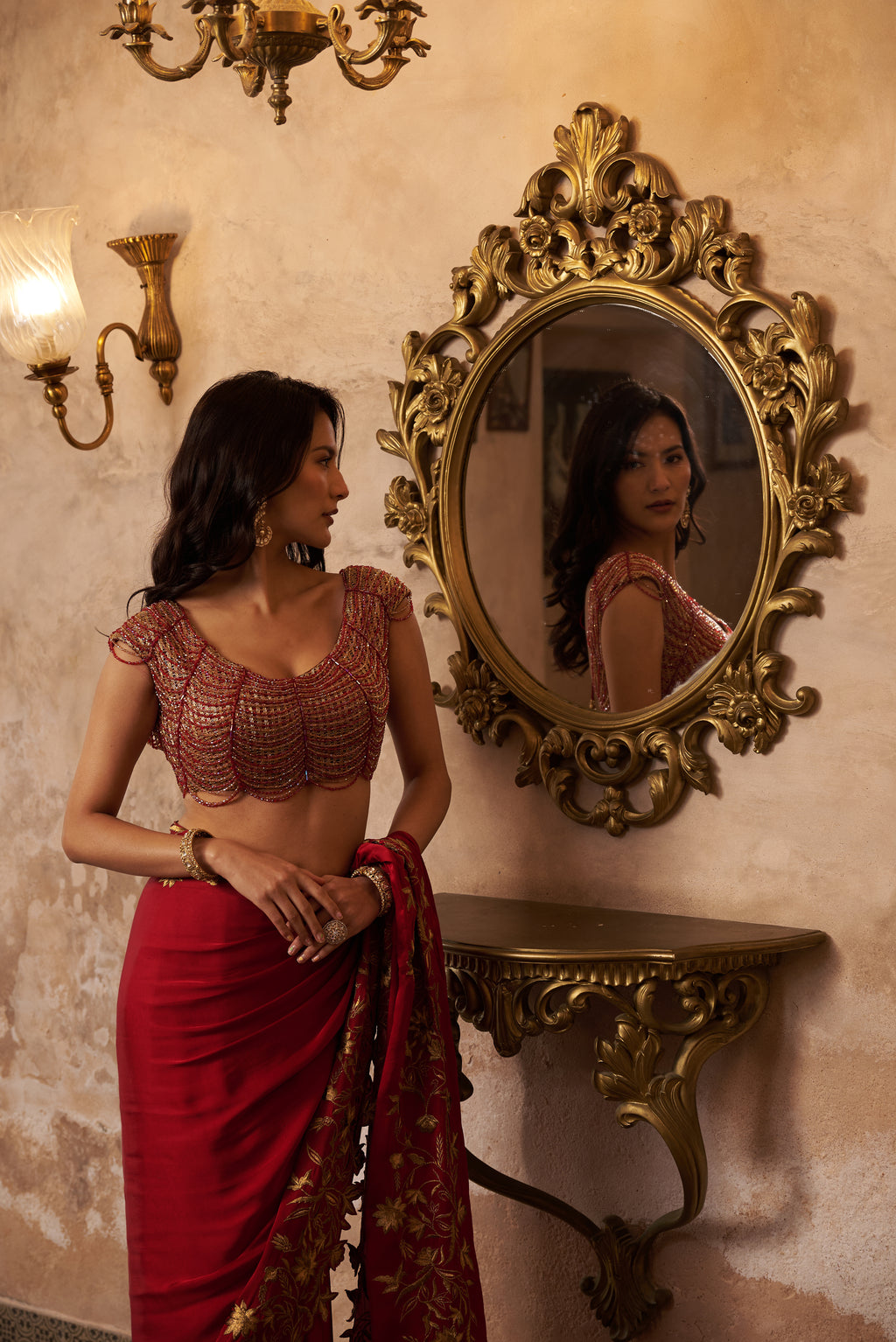 Scarlet Red Crystal Handwork Saree