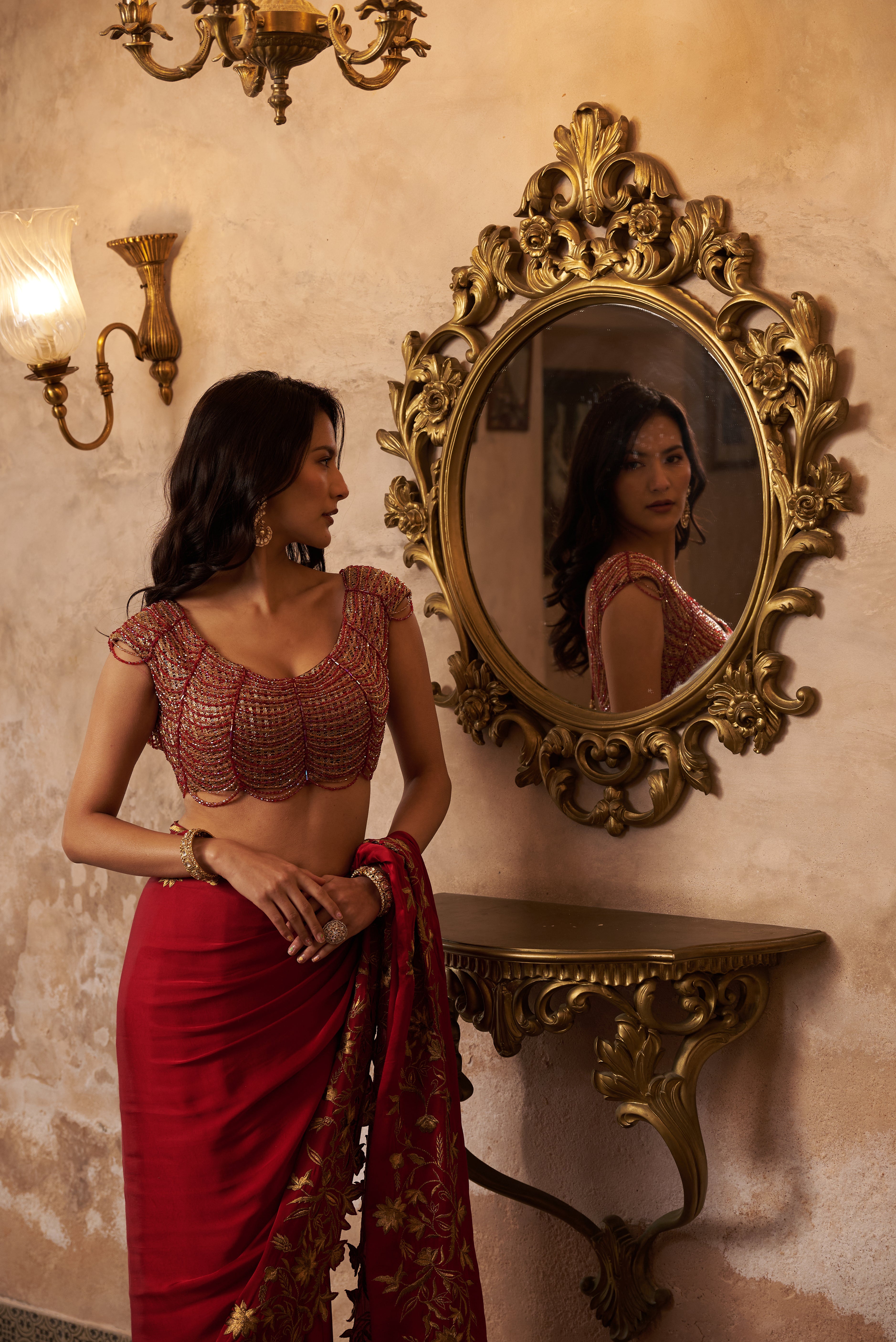Scarlet Red Crystal Handwork Saree