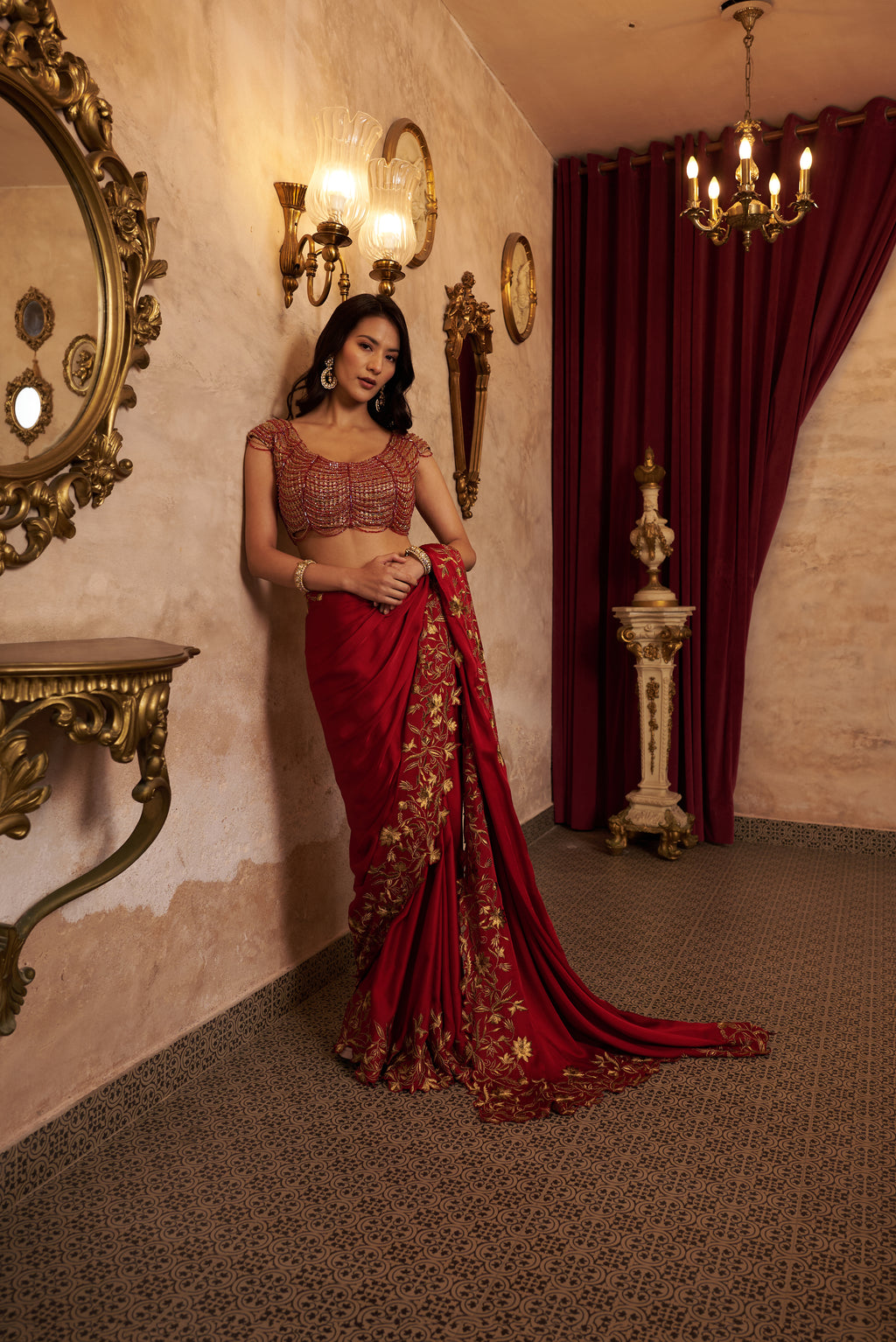 Scarlet Red Crystal Handwork Saree