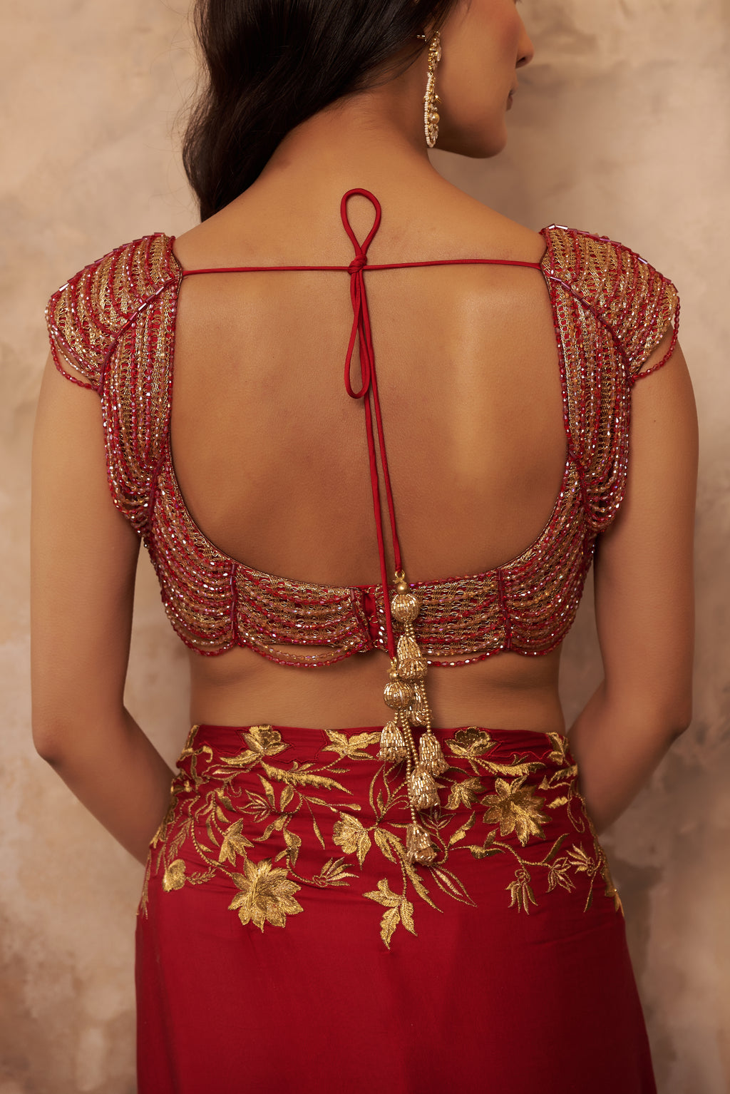 Scarlet Red Crystal Handwork Saree