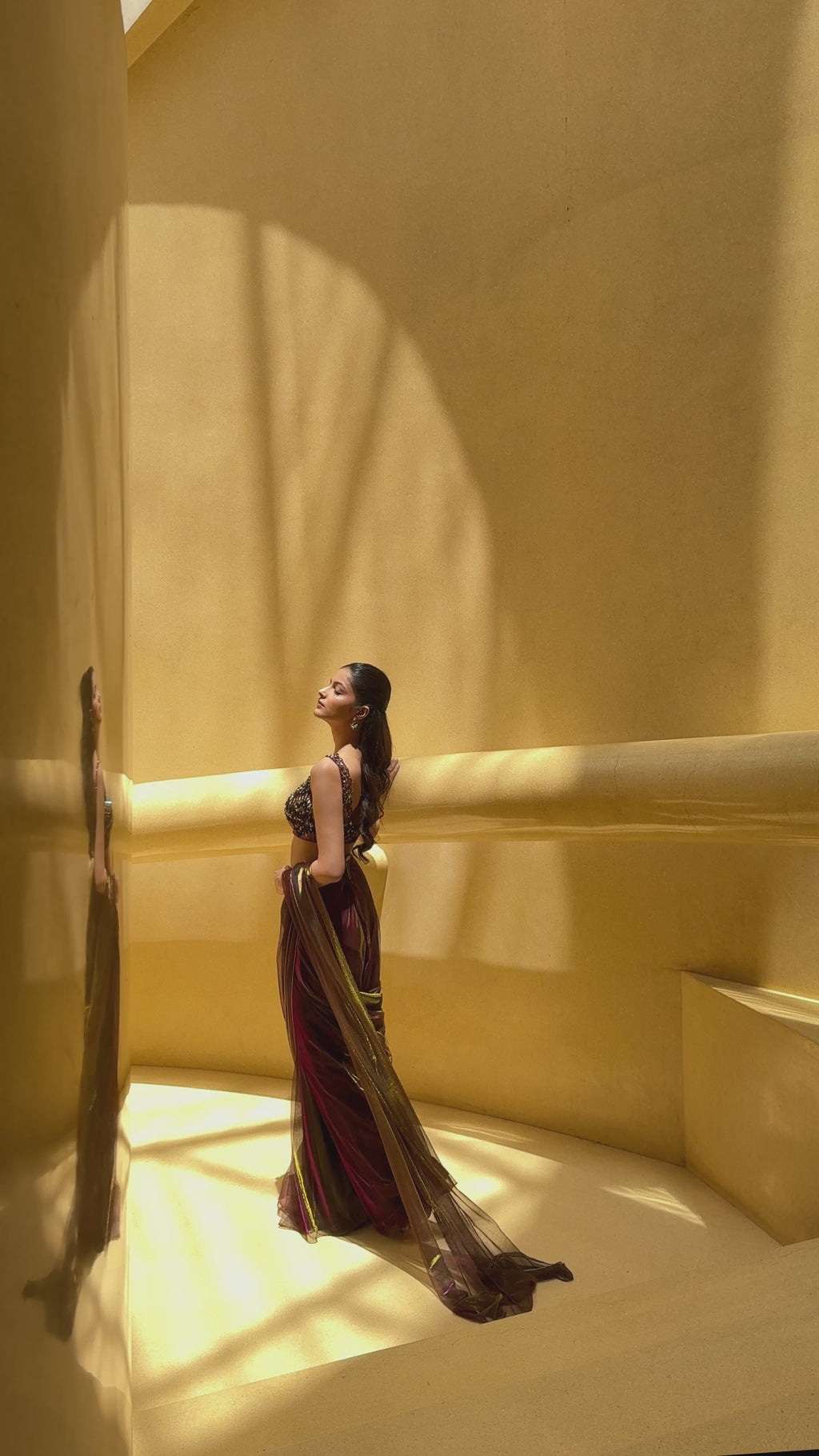 Purple Green Pre Drape Saree