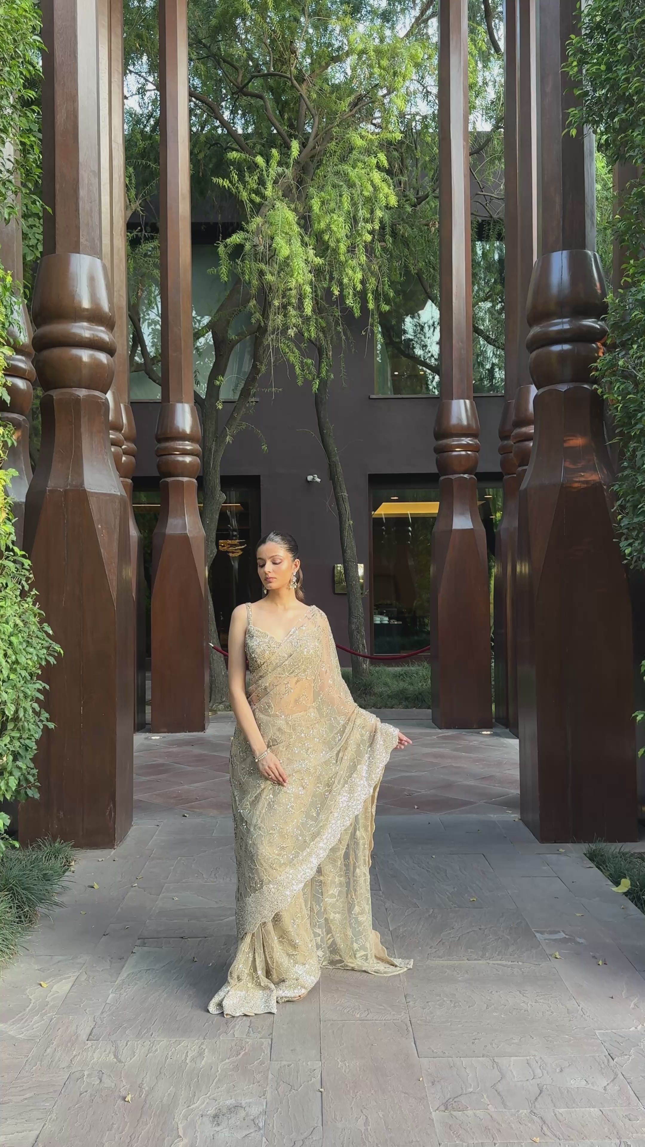 Golden Beige Pre Drape Saree