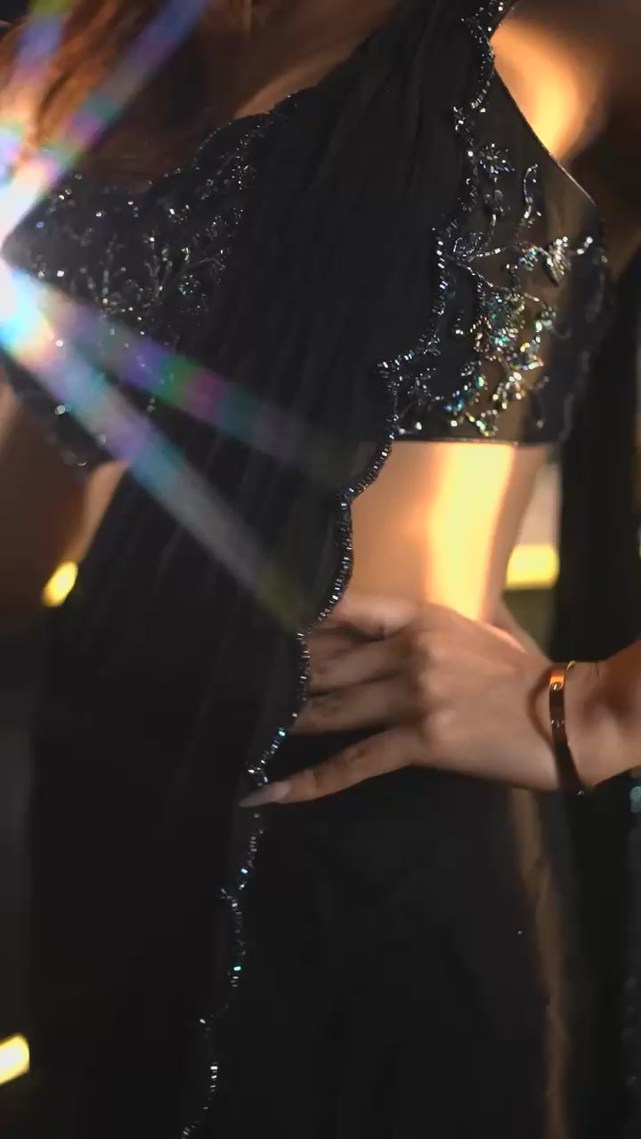 Timeless black scalloped georgette saree set