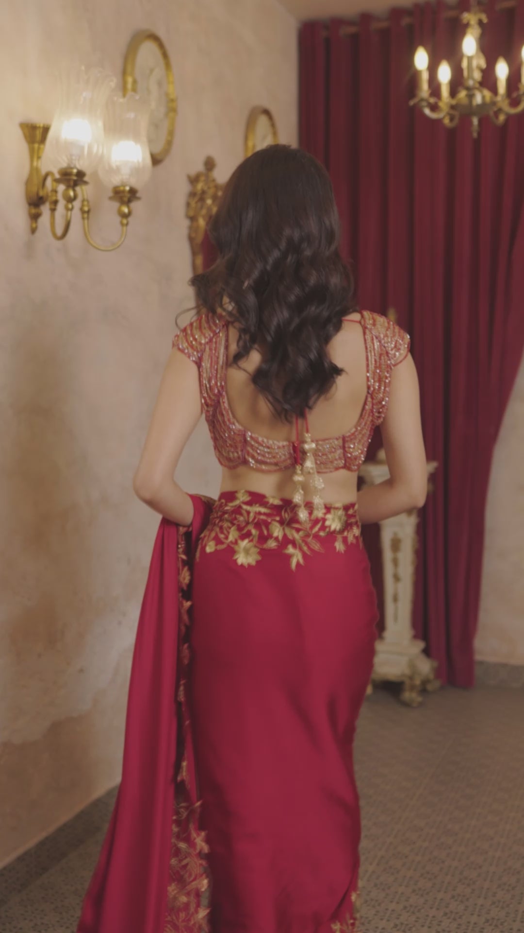 Scarlet Red Crystal Handwork Saree